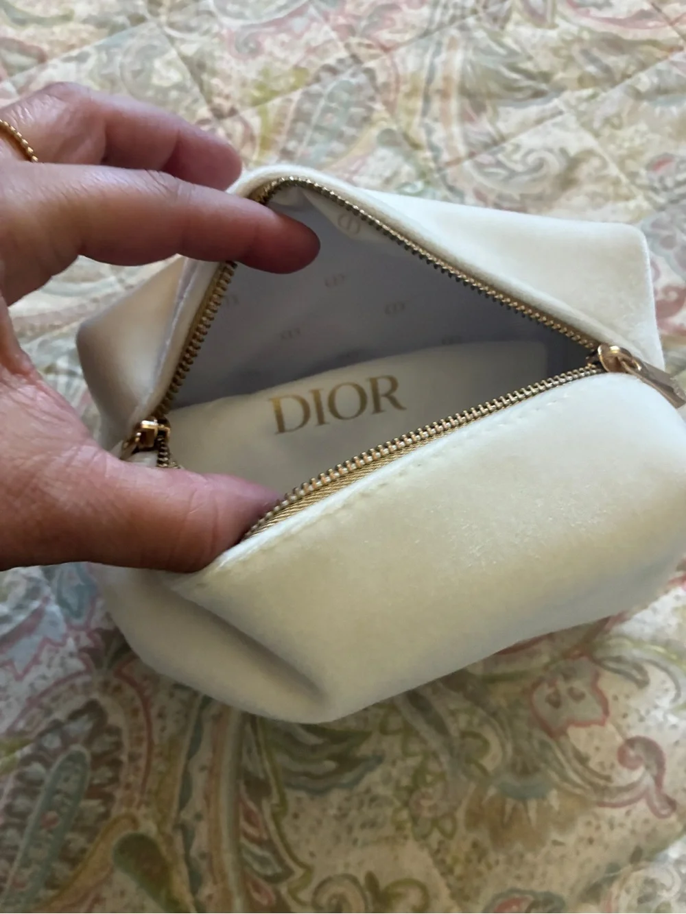 Christian Dior White/Gold Velvet Cosmetic Pouch